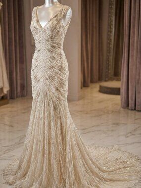 🪞Luxurious Designer Couture Wedding Evening Party Prom Runway Beaded Gown Dress